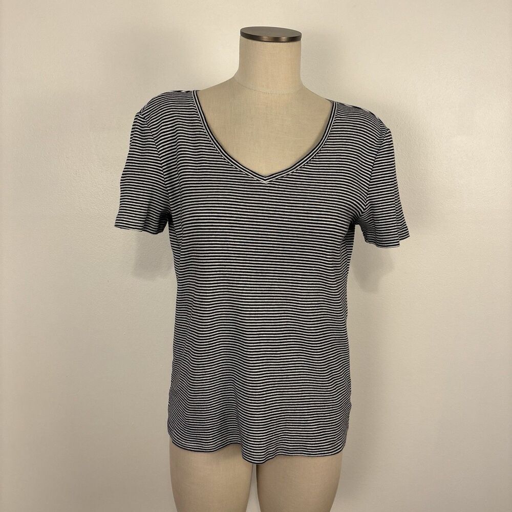The Talbots Tee Womens M Cotton V-Neck Black White Striped Short Sleeve T-Shirt